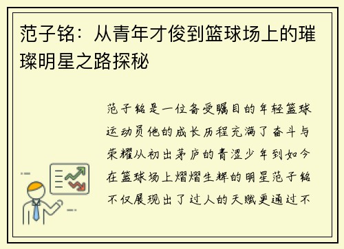 范子铭：从青年才俊到篮球场上的璀璨明星之路探秘